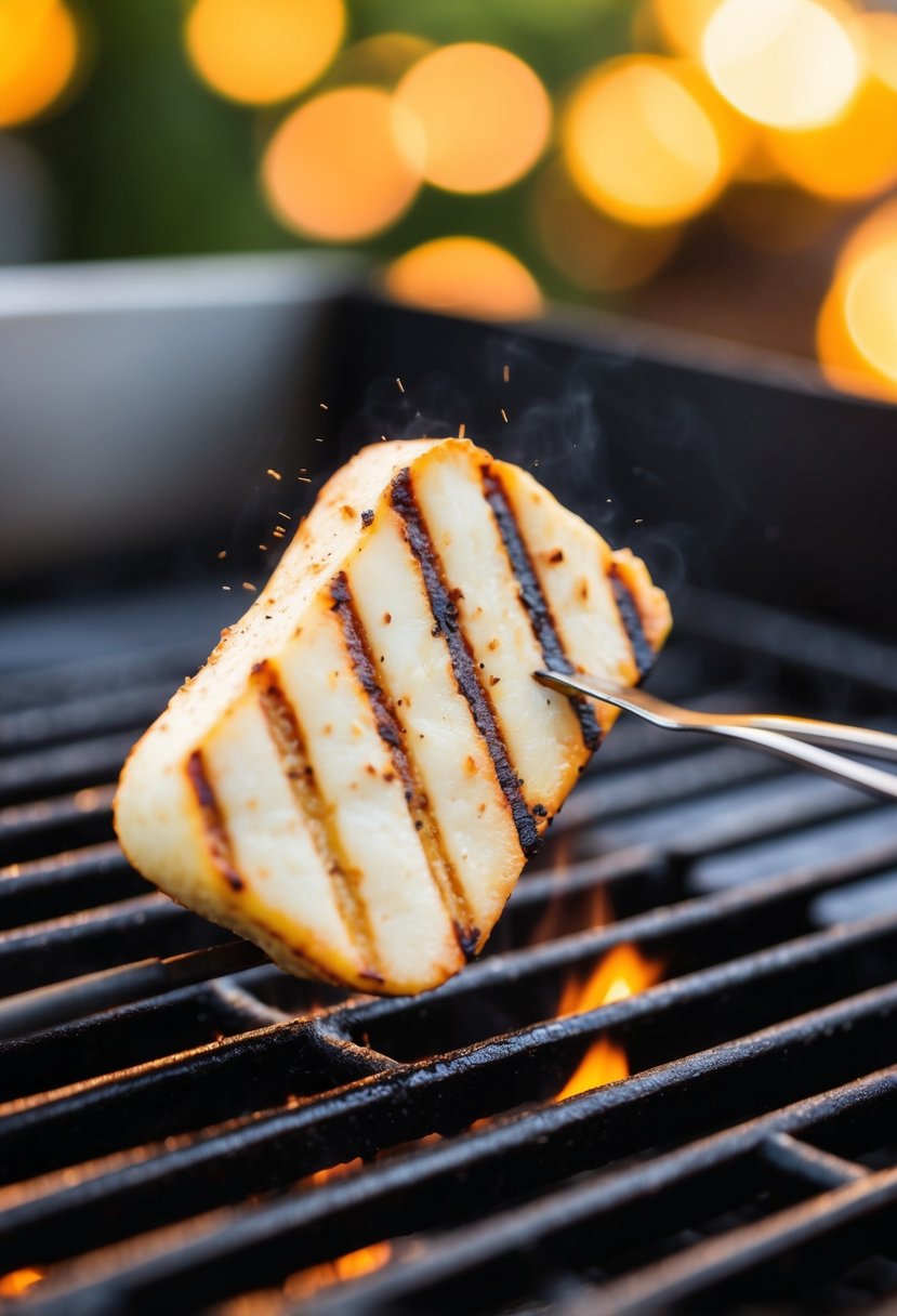 A sizzling piece of grilled halloumi cheese on a hot grill, with grill marks and a golden brown color