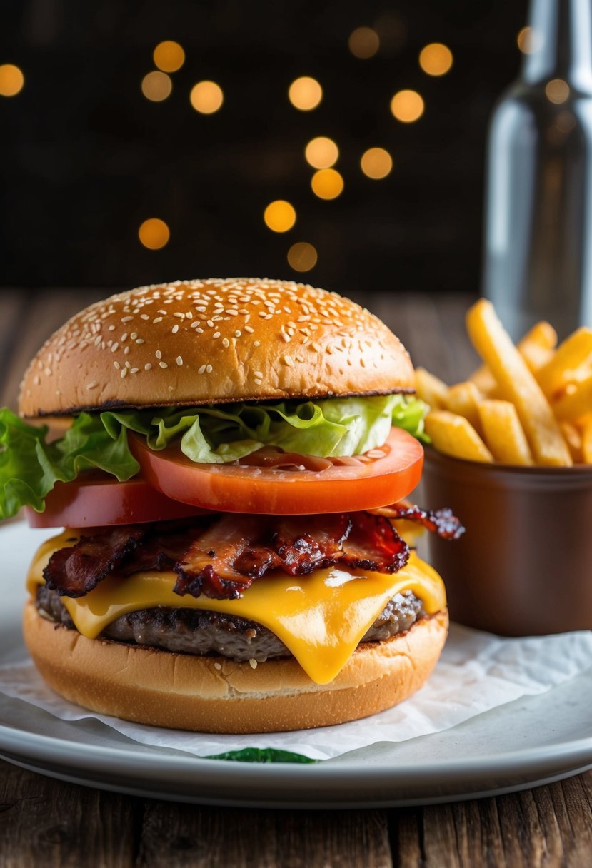 A sizzling BBQ bacon cheeseburger on a sesame seed bun with melted cheese, crisp lettuce, and juicy tomato, served with a side of golden fries