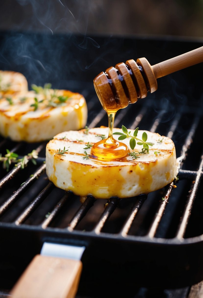 A sizzling piece of halloumi cheese drizzled with honey and sprinkled with fresh thyme on a hot grill