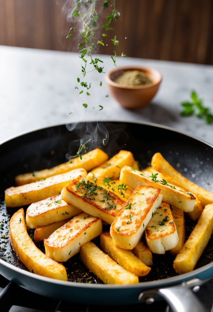 Golden halloumi fries sizzling in a hot pan, emitting a mouthwatering aroma. A sprinkle of herbs and spices adds color and flavor