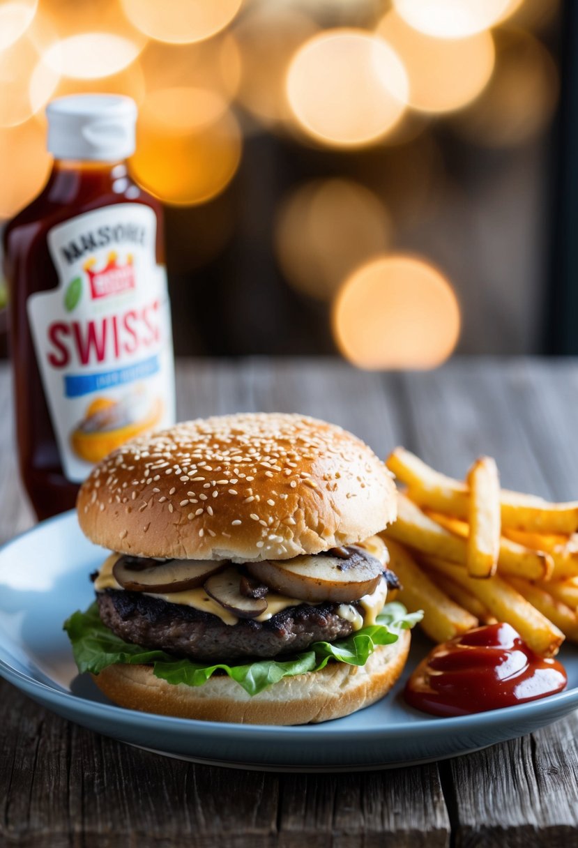 A sizzling Mushroom Swiss Burger on a sesame seed bun with a side of crispy fries and a dollop of tangy ketchup