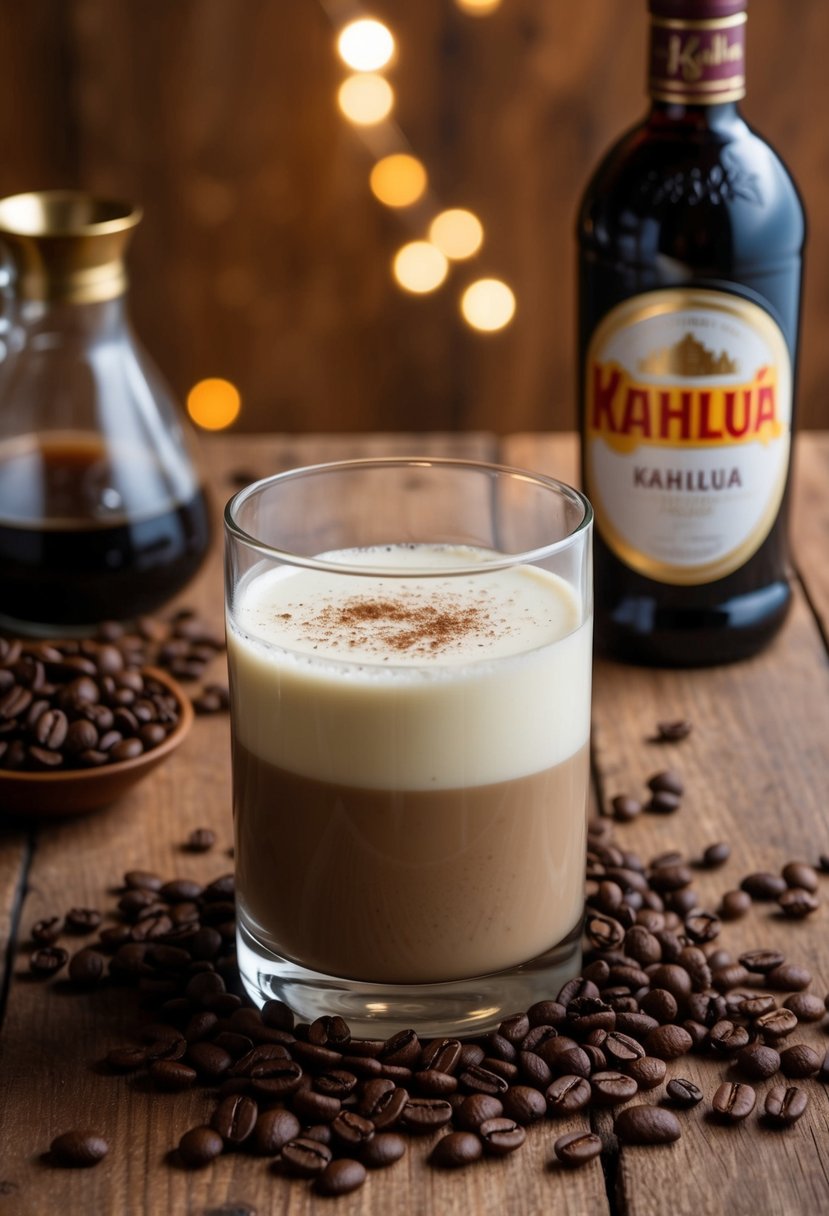 A glass of kahlua mixed with cream on a wooden table, surrounded by coffee beans and a bottle of kahlua