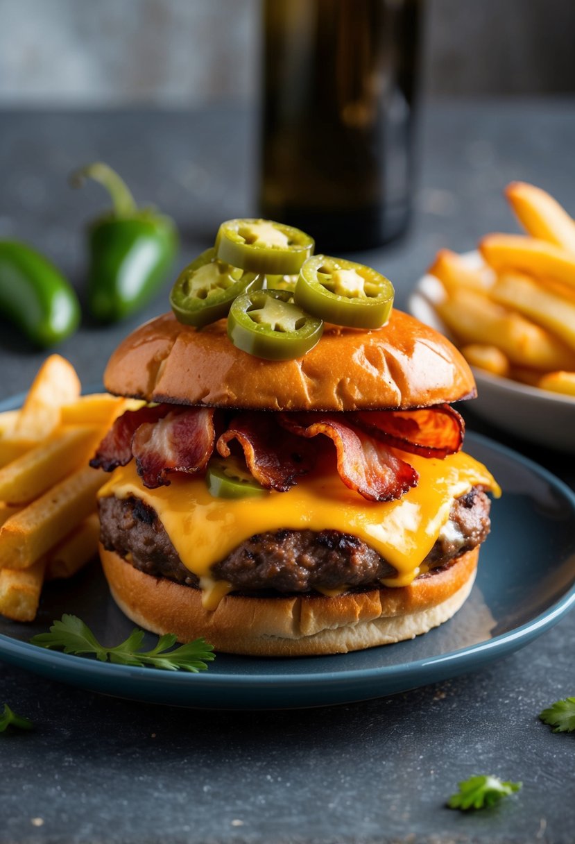 A sizzling jalapeno popper burger topped with melted cheese, crispy bacon, and spicy jalapenos, served with a side of golden fries