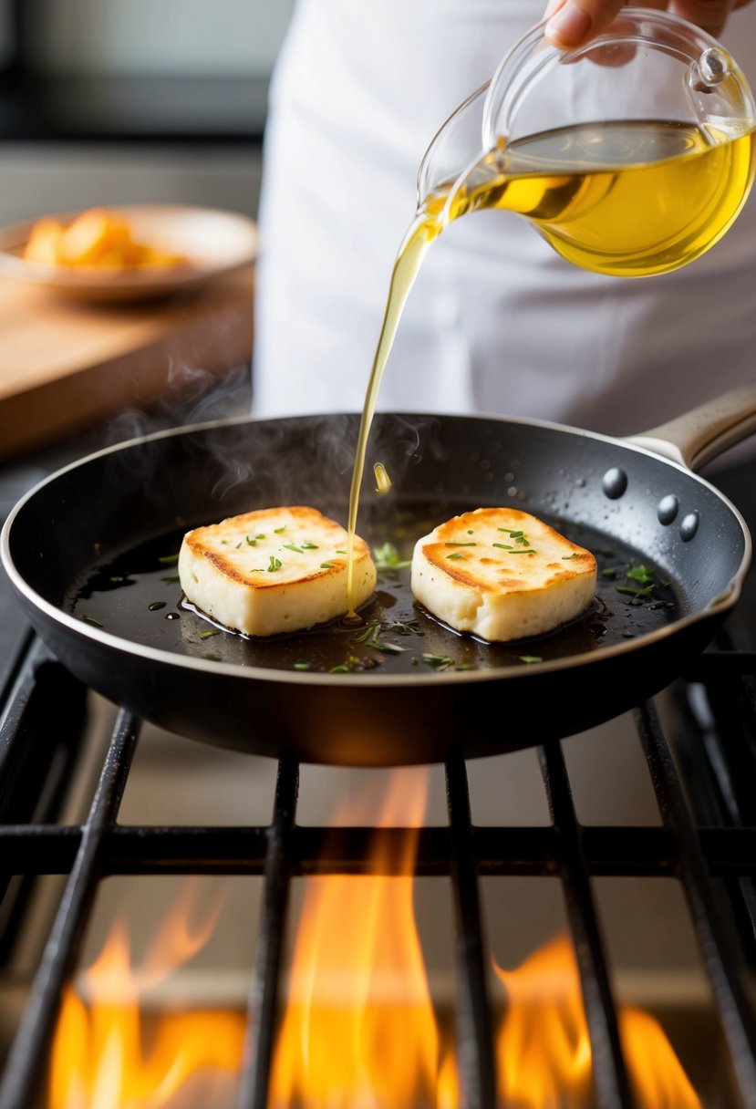 A hot skillet sizzles as halloumi cheese fries in olive oil, emitting a savory aroma