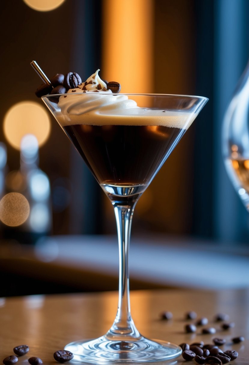 A sleek martini glass filled with a dark Kahlua Espresso Martini, garnished with coffee beans and a swirl of cream on top