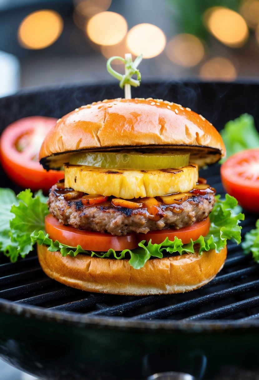 A juicy teriyaki pineapple burger sizzling on a grill, surrounded by fresh lettuce, tomato, and a toasted bun