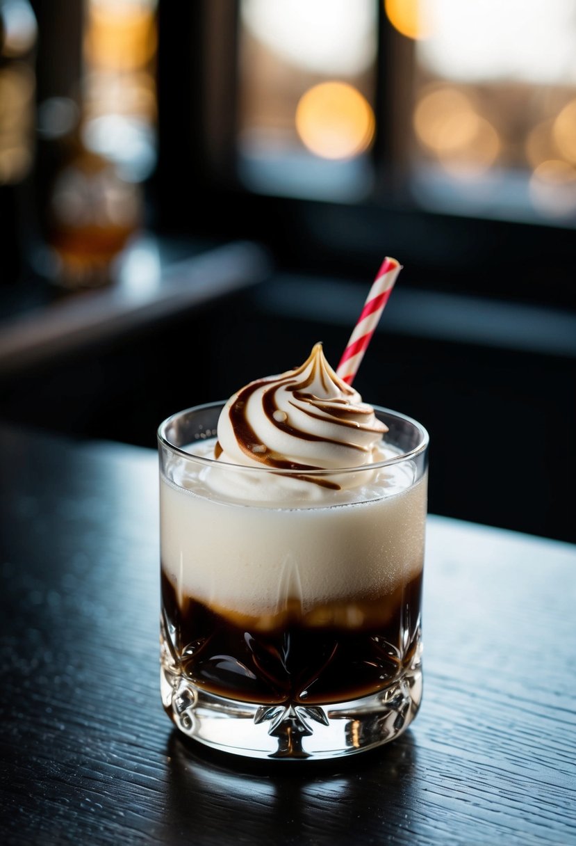 A glass of White Russian with a swirl of homemade Kahlua on top, set on a dark wooden table