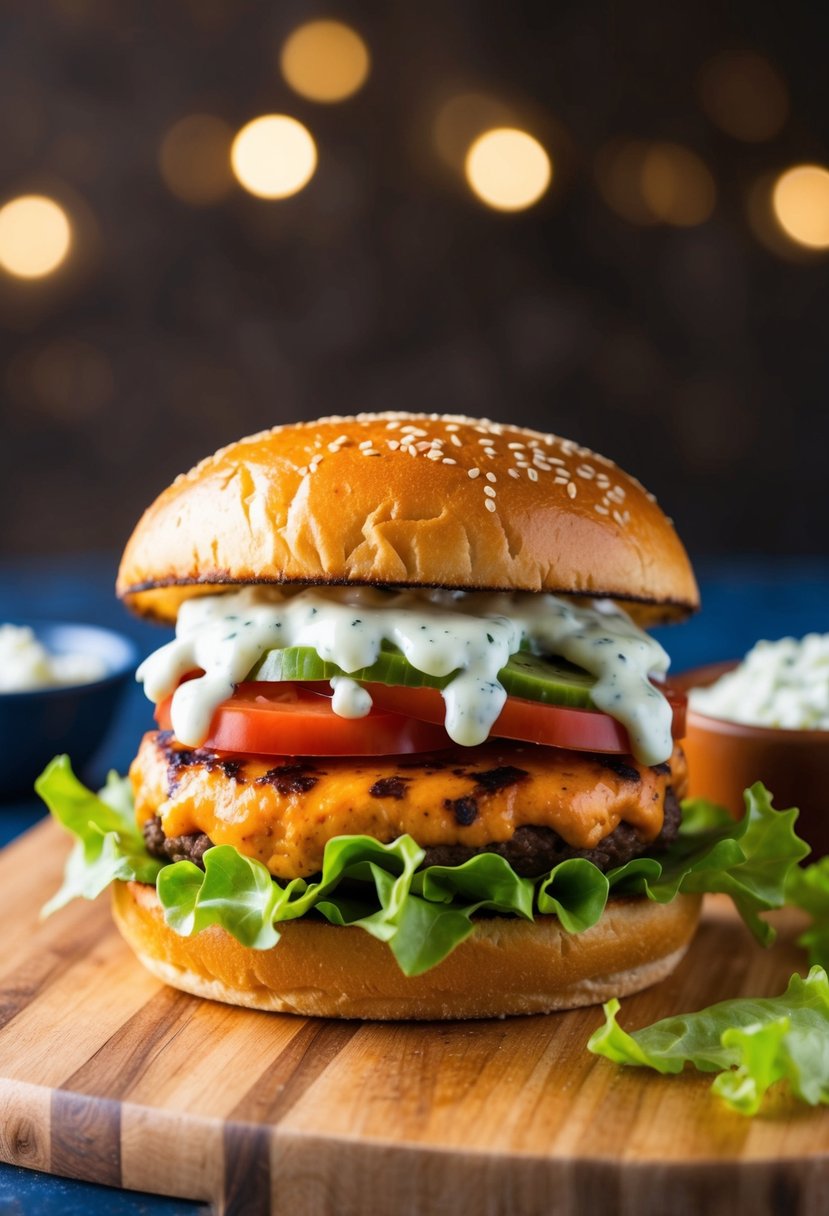 A sizzling buffalo blue cheese burger topped with lettuce, tomato, and a drizzle of creamy blue cheese sauce on a toasted sesame seed bun