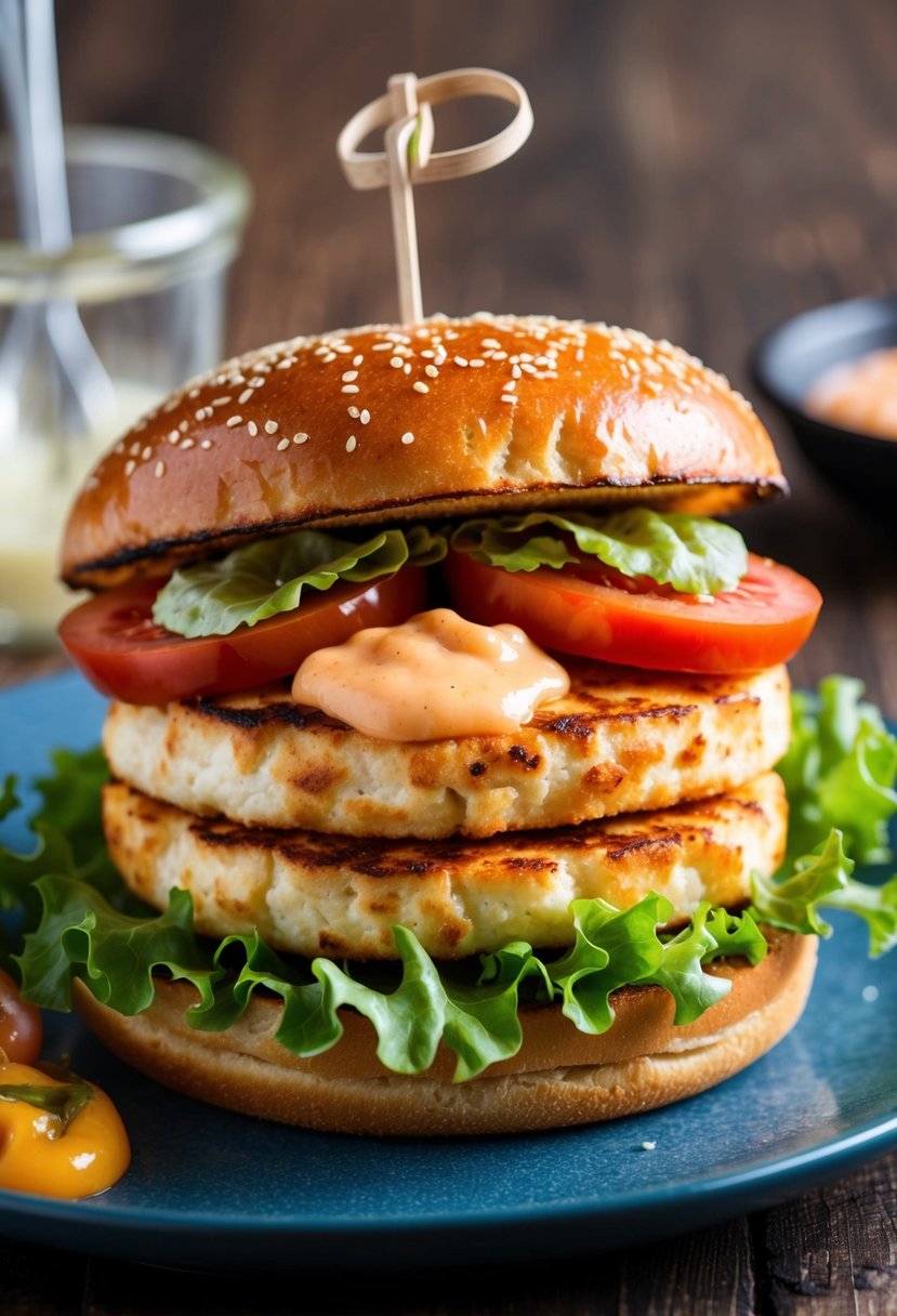 A sizzling halloumi burger topped with fresh lettuce, juicy tomatoes, and a dollop of tangy sauce on a toasted sesame seed bun