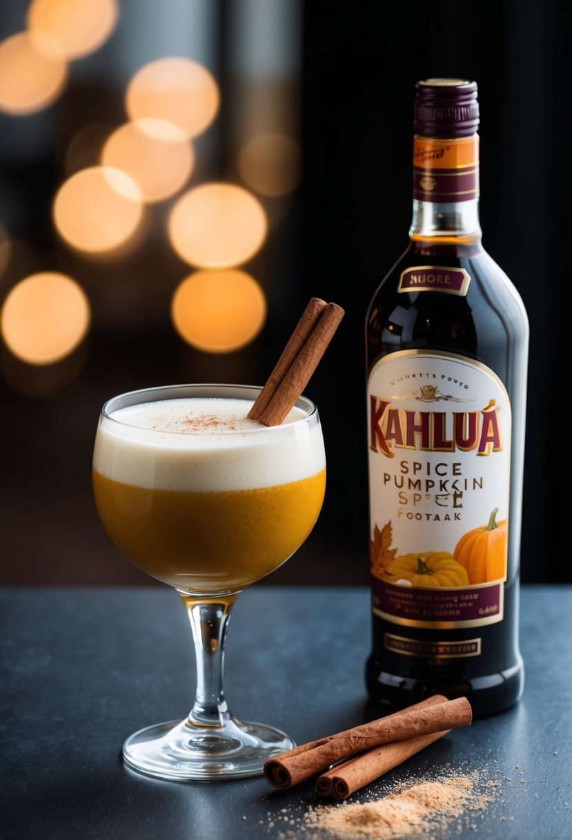 A glass filled with Pumpkin Spice White Russian cocktail next to a bottle of Kahlua, with cinnamon sticks and a sprinkle of nutmeg on the table