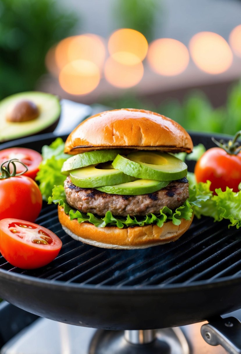 A gourmet avocado burger sizzling on a grill, surrounded by fresh lettuce, ripe tomatoes, and a stack of fluffy burger buns