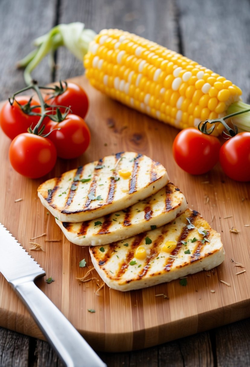 Grilled halloumi slices with corn and cherry tomatoes on a wooden cutting board