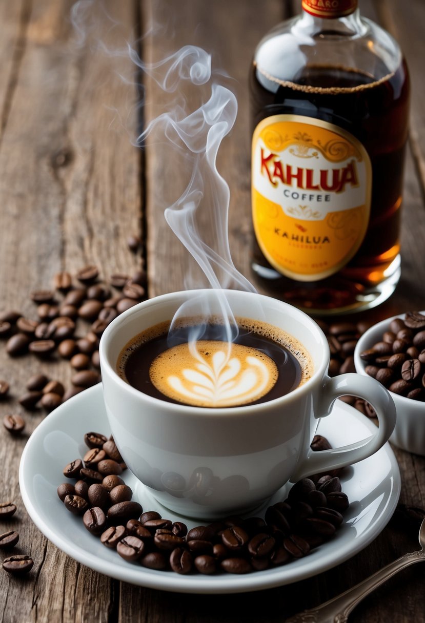 A steaming cup of Kahlua coffee sits on a rustic wooden table, surrounded by coffee beans and a bottle of Kahlua liqueur