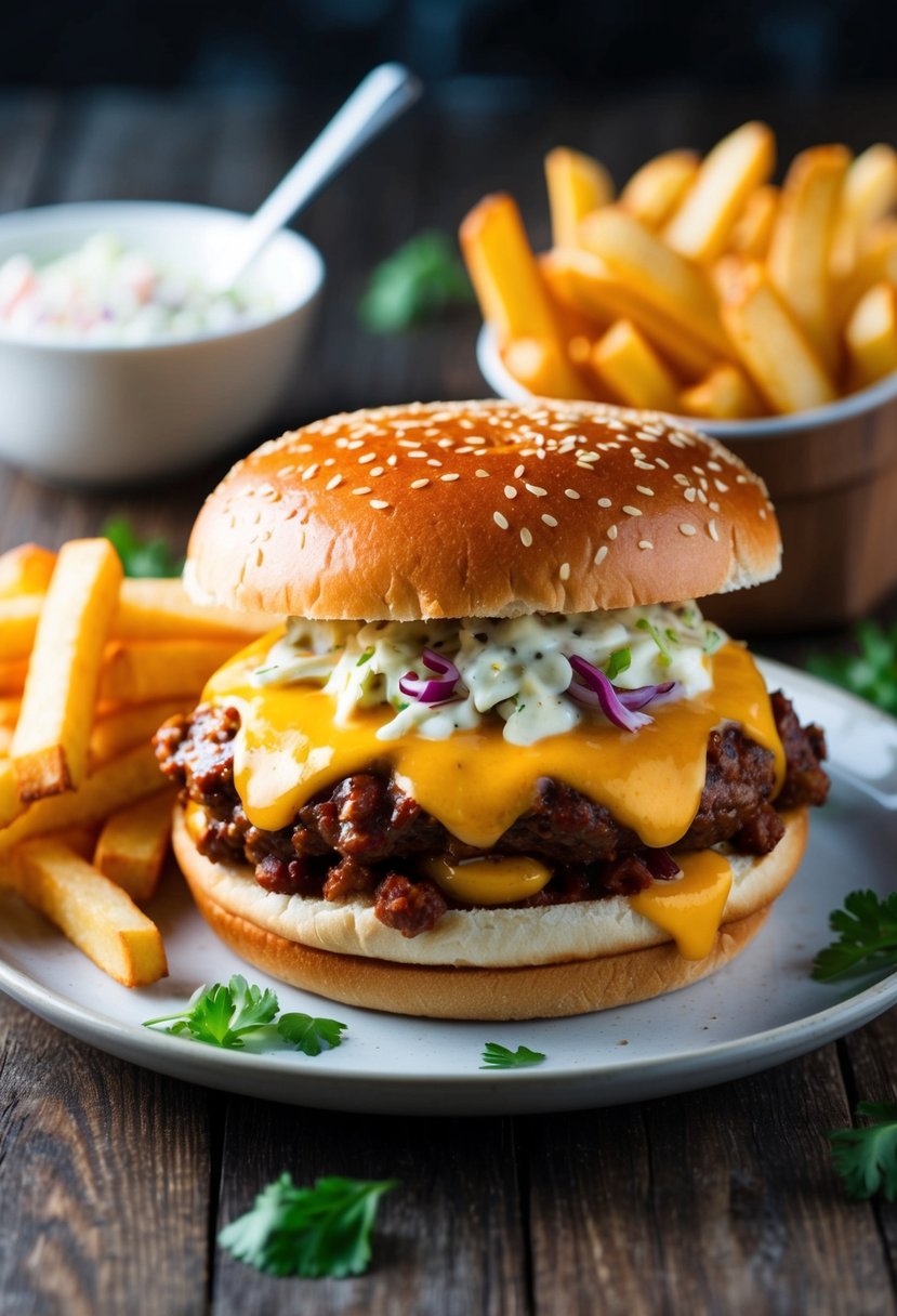 A sizzling chili cheese burger on a sesame seed bun, surrounded by a side of crispy fries and a dollop of tangy coleslaw