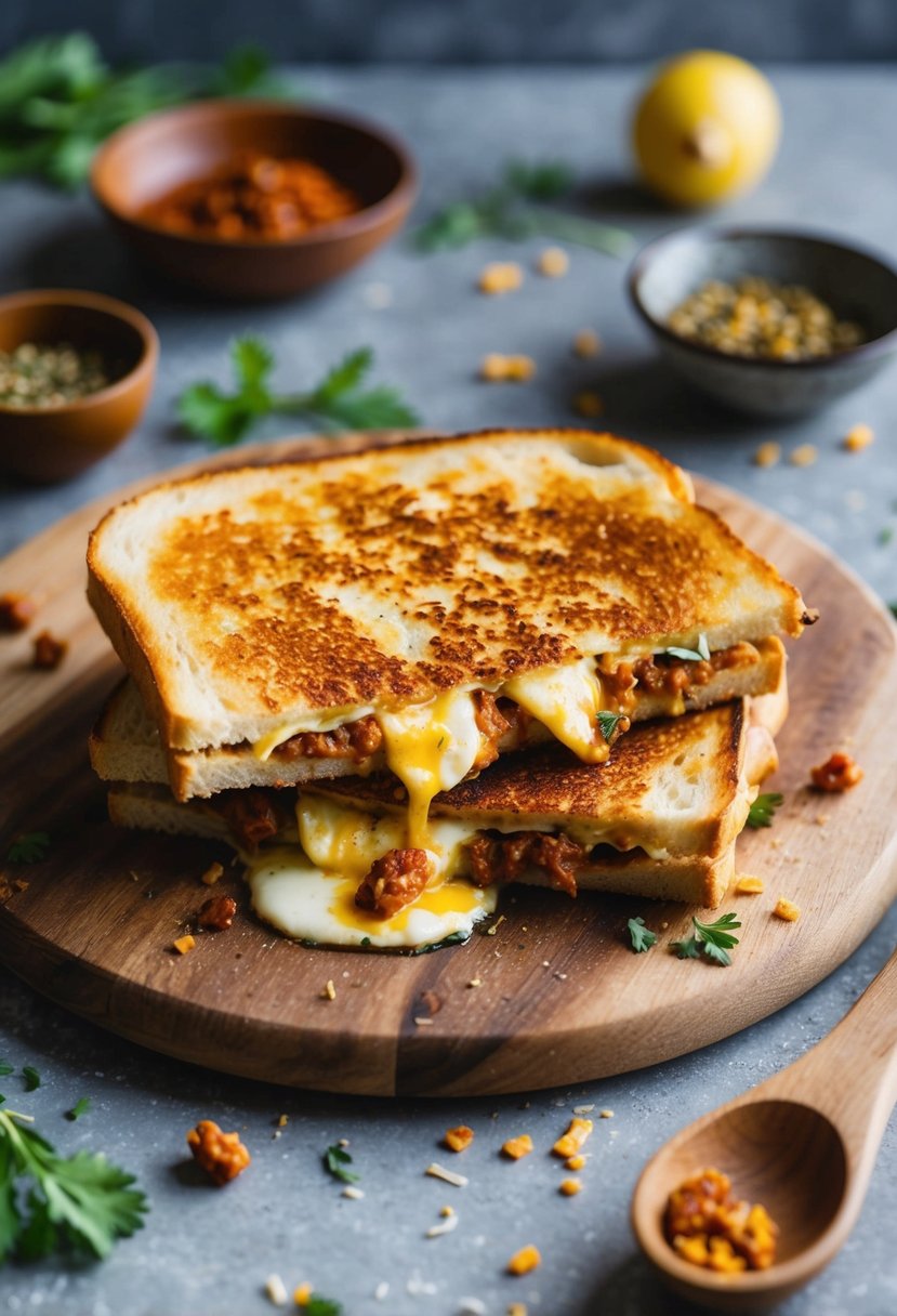 A sizzling toastie oozing with grilled halloumi and spicy harissa, surrounded by a rustic wooden cutting board and scattered ingredients