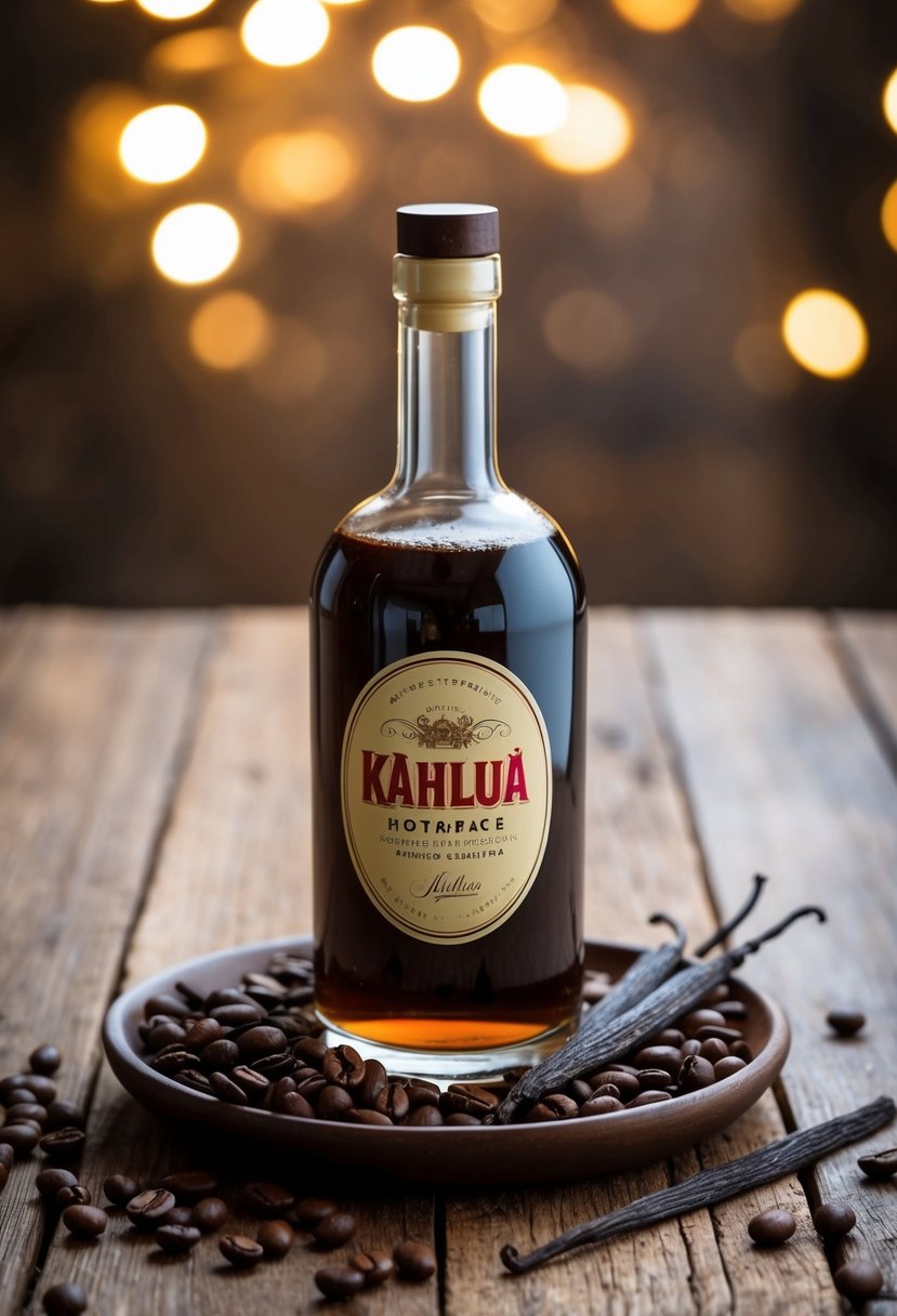 A glass bottle filled with homemade Kahlua sits on a rustic wooden table, surrounded by coffee beans and vanilla pods