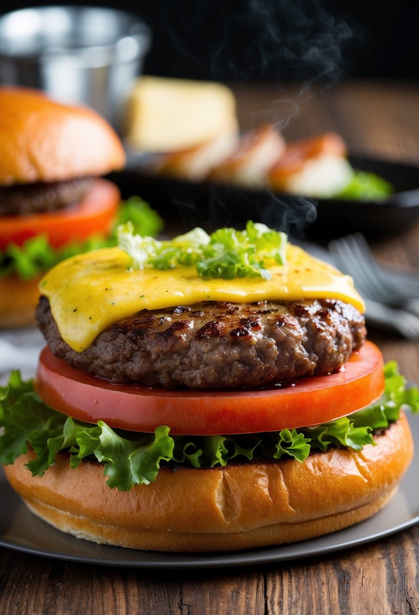 A sizzling hamburger patty coated in garlic butter, topped with melted cheese, lettuce, and tomato, resting on a toasted bun