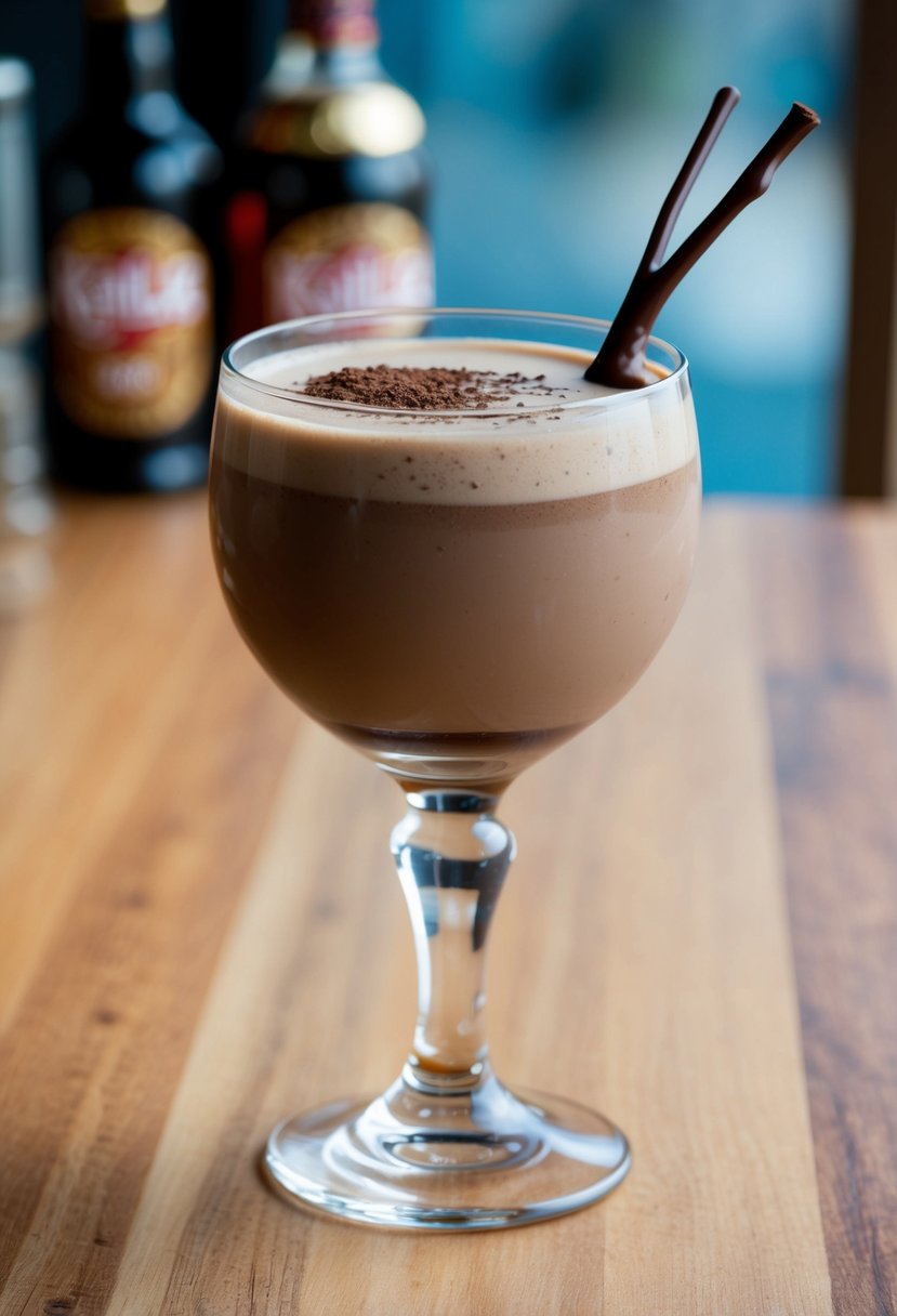 A glass filled with creamy Kahlua Mudslide cocktail, garnished with chocolate syrup and a sprinkle of coffee grounds