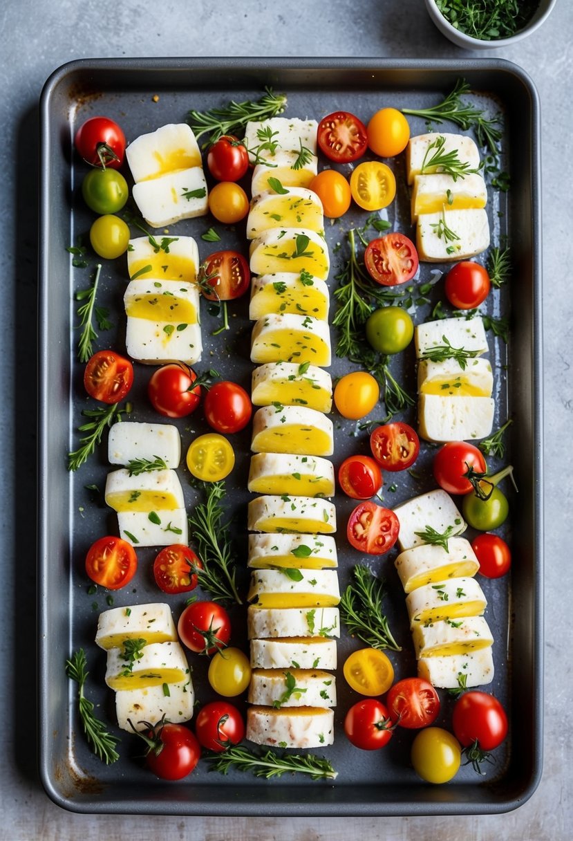 A colorful array of sliced halloumi, cherry tomatoes, and herbs arranged on a baking tray, ready to be roasted to perfection