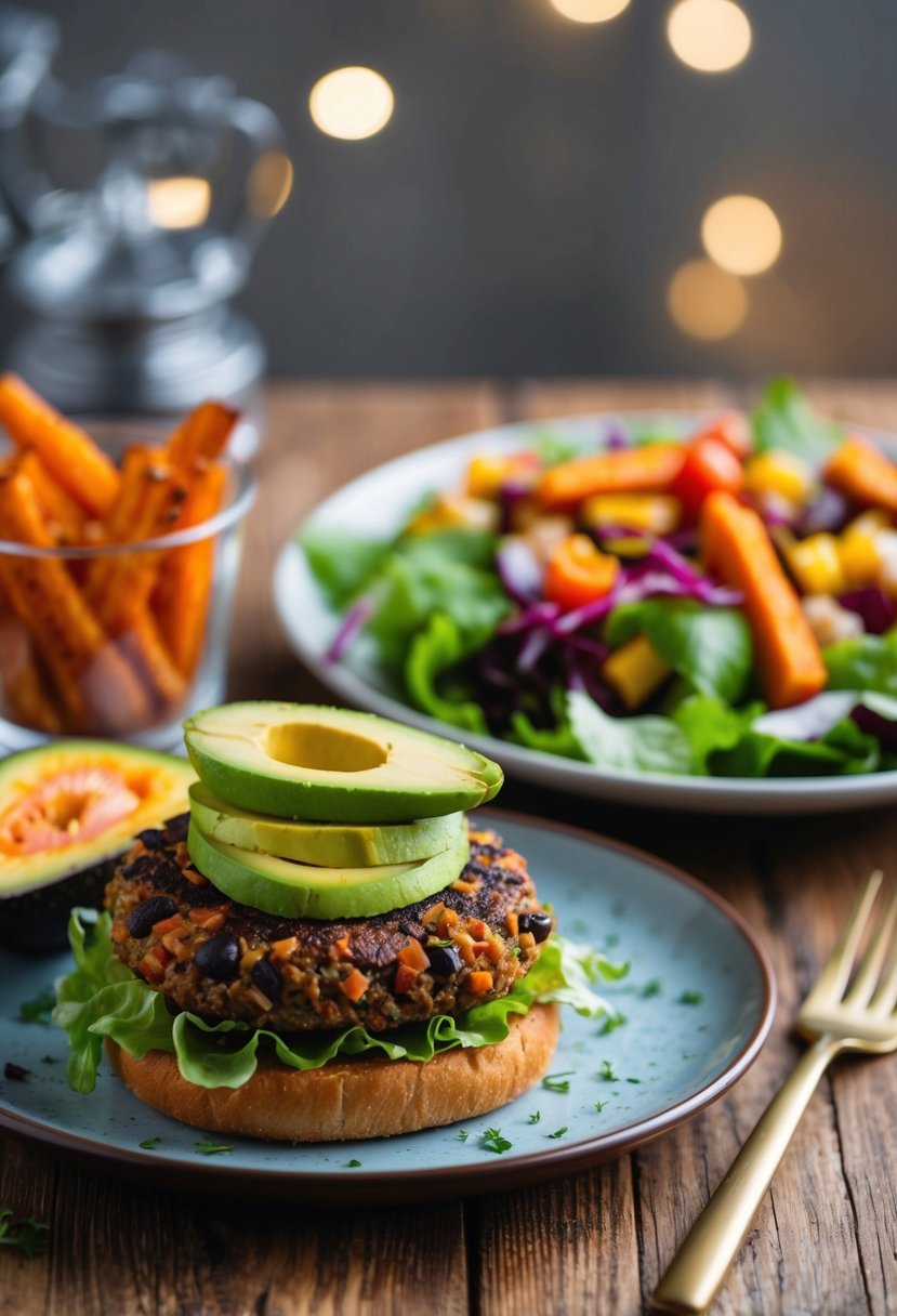 A sizzling black bean veggie burger topped with avocado, lettuce, and tomato, served with a side of crispy sweet potato fries and a colorful mixed salad