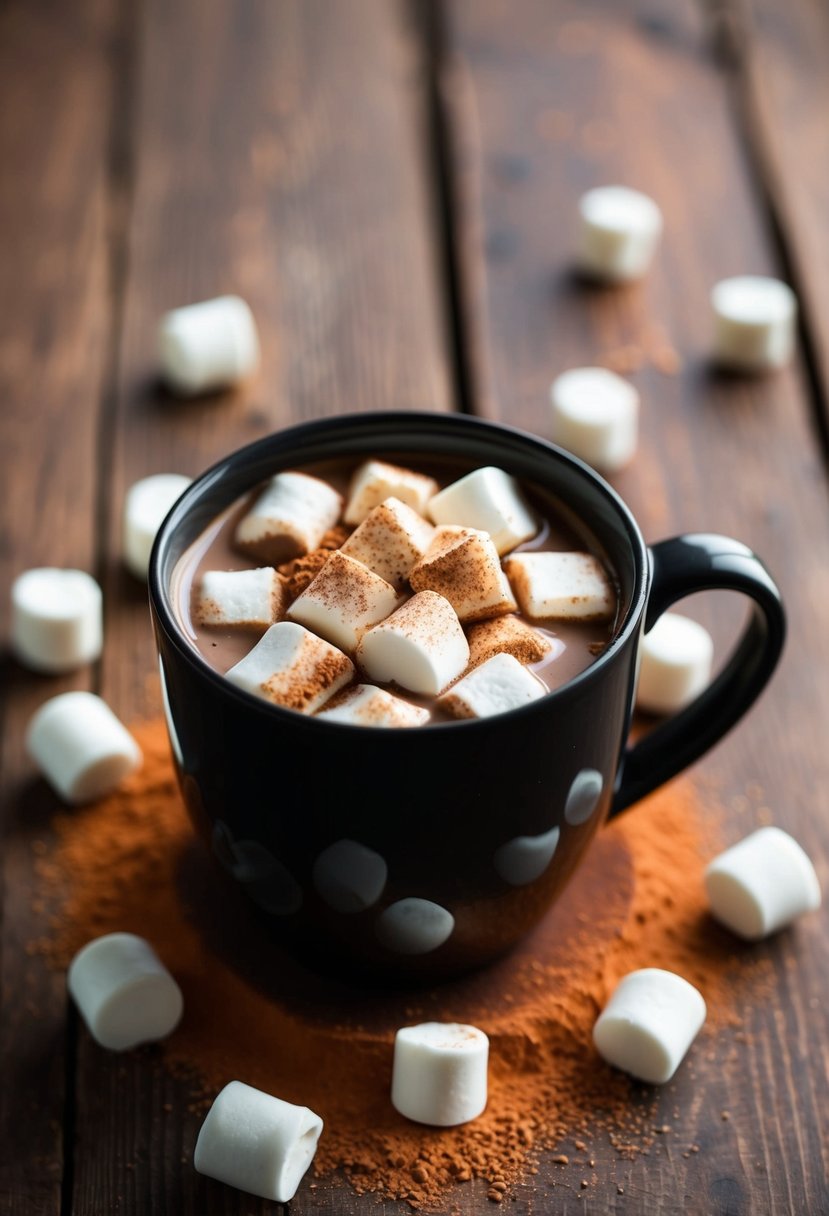 A cozy mug of Kahlua hot chocolate surrounded by marshmallows and a sprinkle of cocoa powder on a rustic wooden table