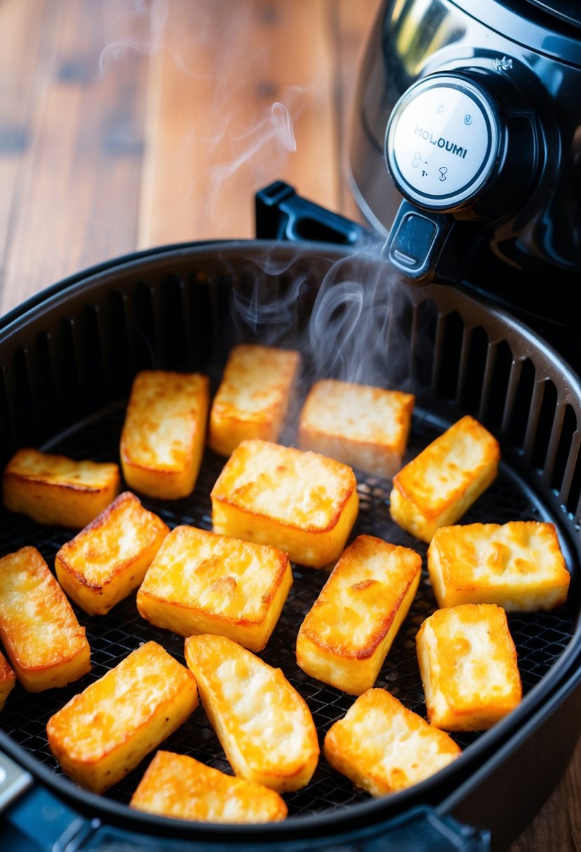 Golden halloumi fries sizzling in an air fryer basket, steam rising