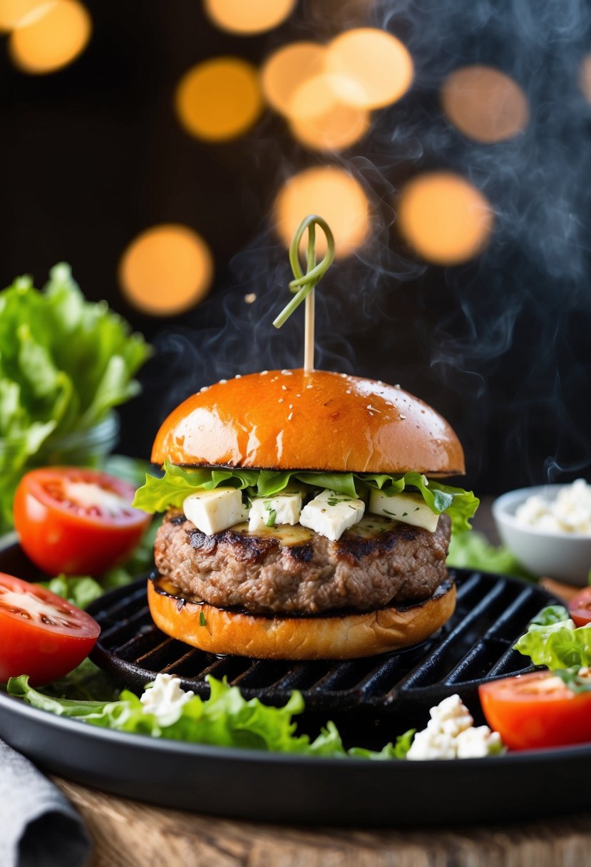 A sizzling Greek lamb burger on a grill, surrounded by fresh ingredients like tomatoes, lettuce, and feta cheese