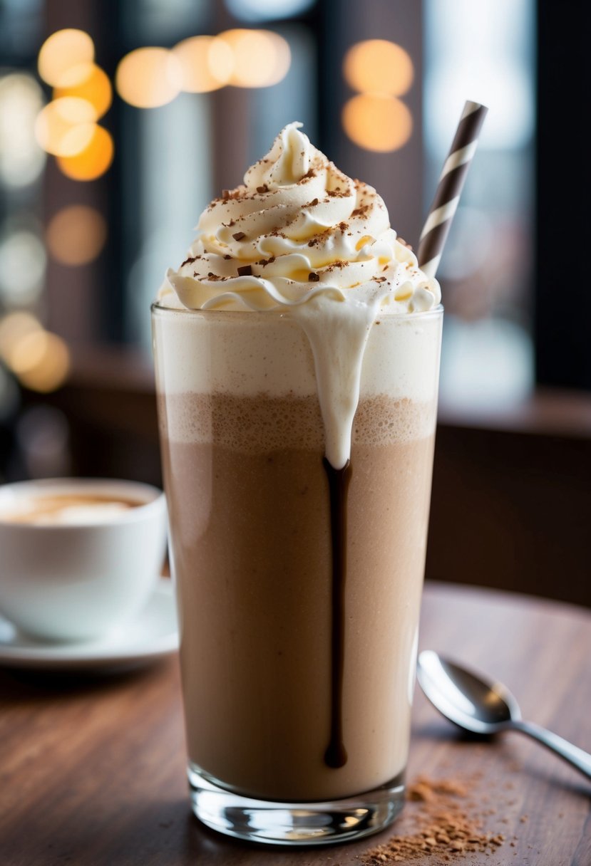 A tall glass filled with a creamy, coffee-colored milkshake topped with a dollop of whipped cream and a sprinkle of cocoa powder. A drizzle of Kahlua runs down the side of the glass