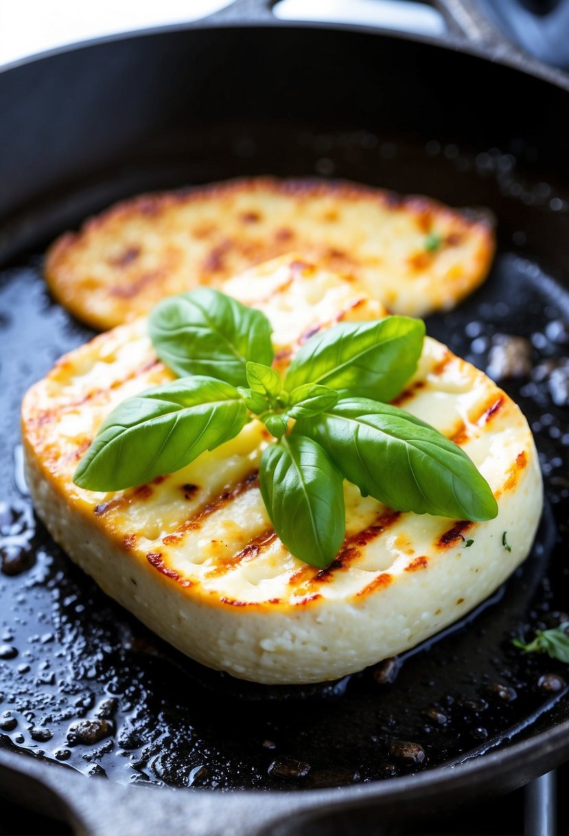 A sizzling piece of halloumi cheese topped with fresh basil leaves on a hot skillet