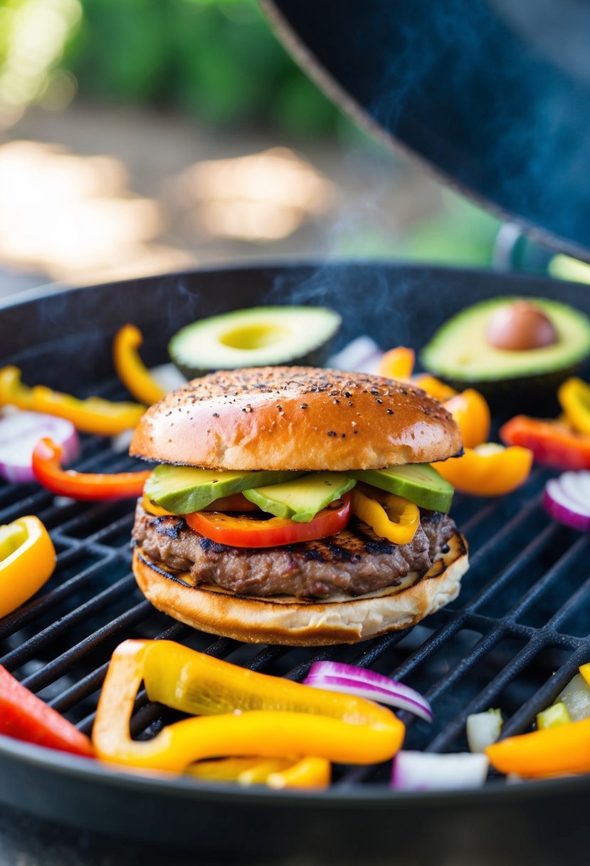 A sizzling fajita burger sizzling on a grill, surrounded by colorful ingredients like bell peppers, onions, and avocado