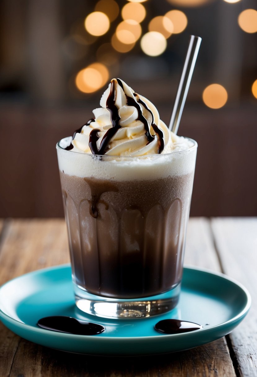 A glass filled with frozen mudslide cocktail, garnished with chocolate syrup and a swirl of whipped cream on top