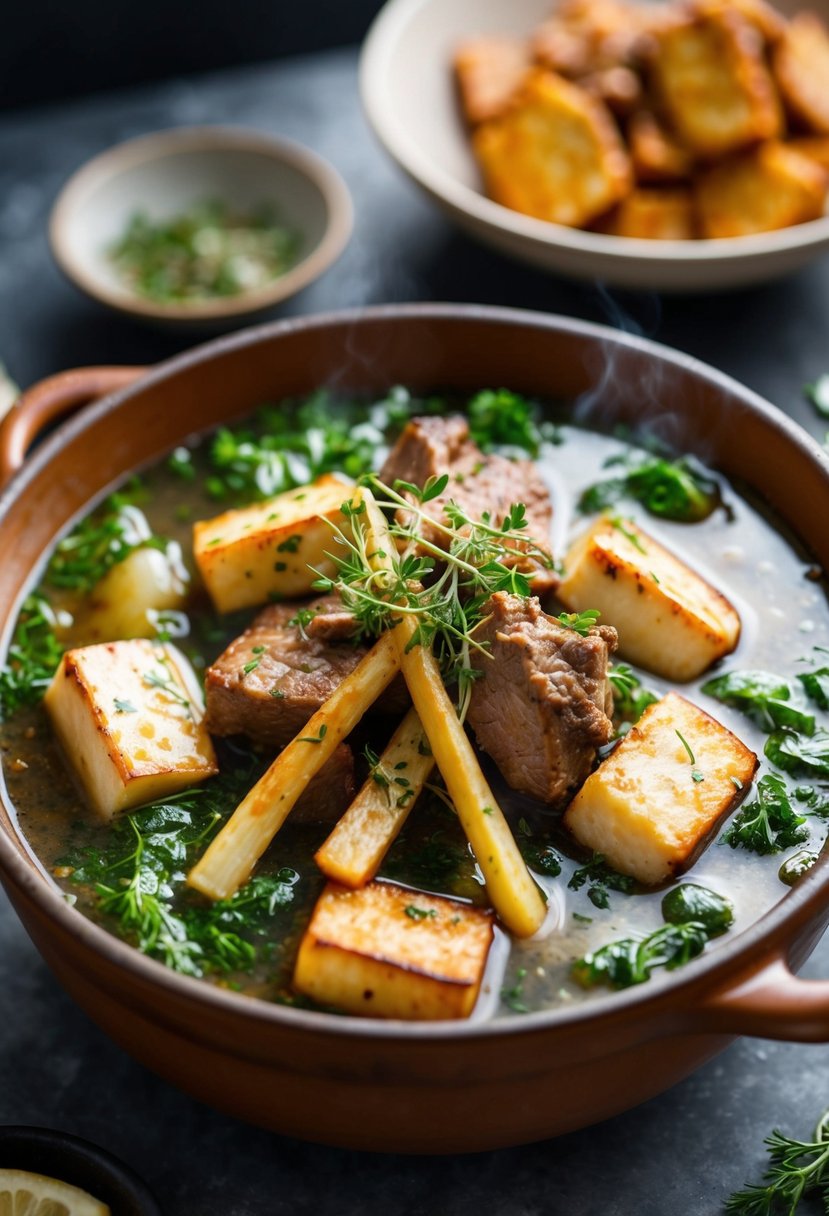 A sizzling hotpot with tender lamb, crispy halloumi, and savory herbs bubbling in a rustic clay pot