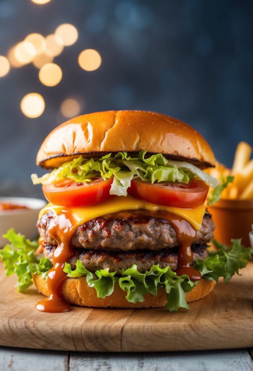 A sizzling burger patty topped with melted cheese, crispy lettuce, ripe tomato, and tangy barbecue sauce on a toasted bun