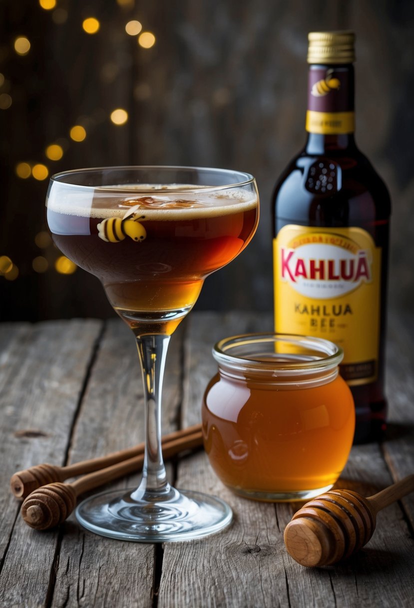 A glass of Kahlua Honey Bee cocktail on a rustic wooden table with a bottle of Kahlua and a jar of honey beside it