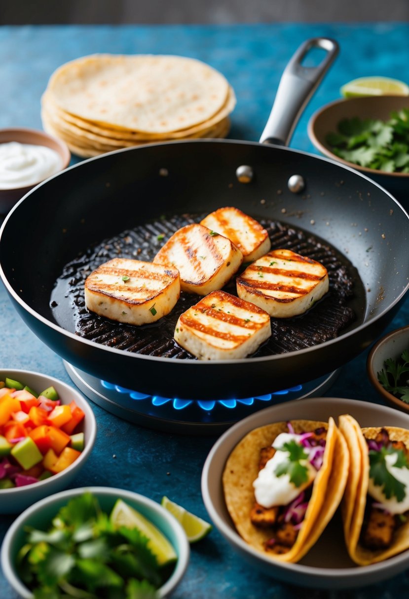 A sizzling pan with grilled halloumi, surrounded by colorful taco ingredients and a stack of warm tortillas