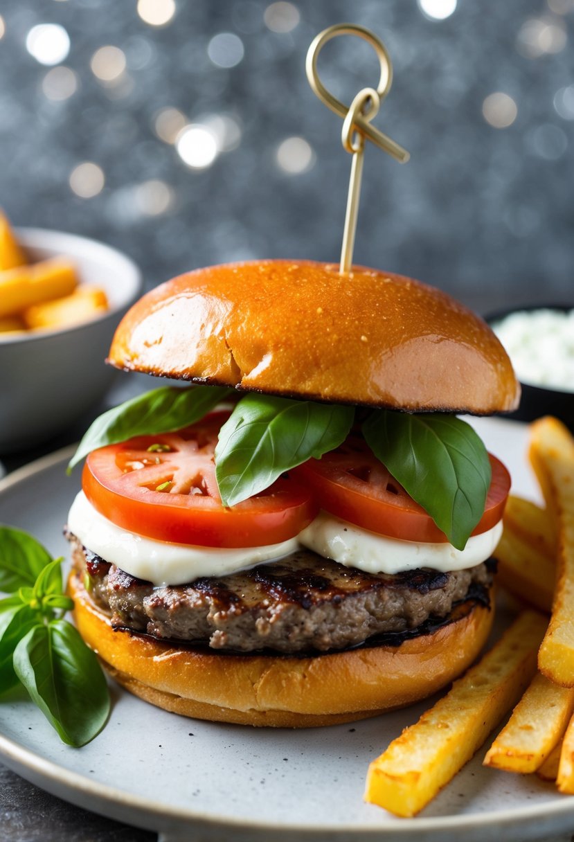 A juicy Caprese Burger with tomato, mozzarella, and basil on a toasted bun, served with a side of crispy fries