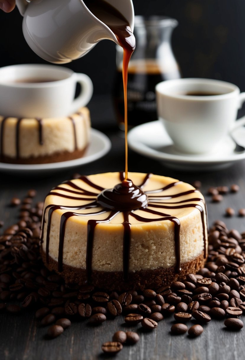 A decadent Kahlua cheesecake surrounded by coffee beans and drizzled with Kahlua sauce