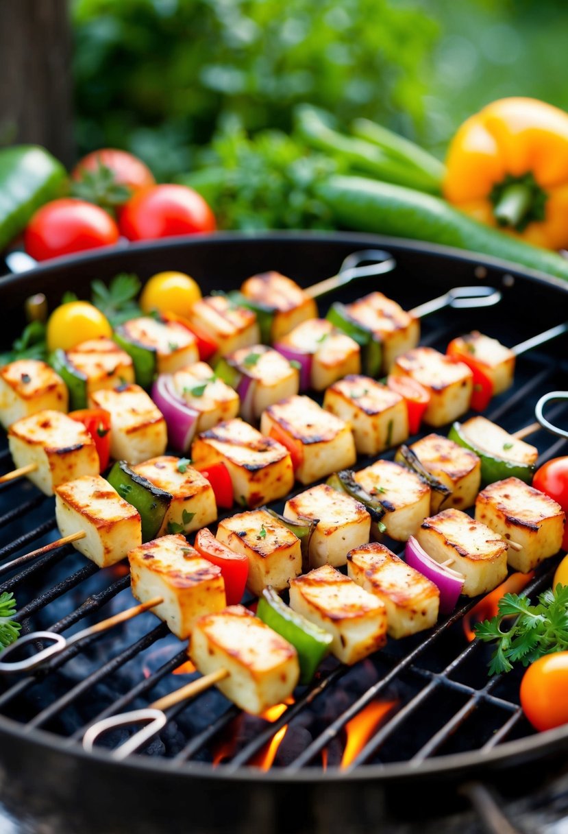 Grilled halloumi skewers on a sizzling barbecue, surrounded by colorful vegetables and herbs