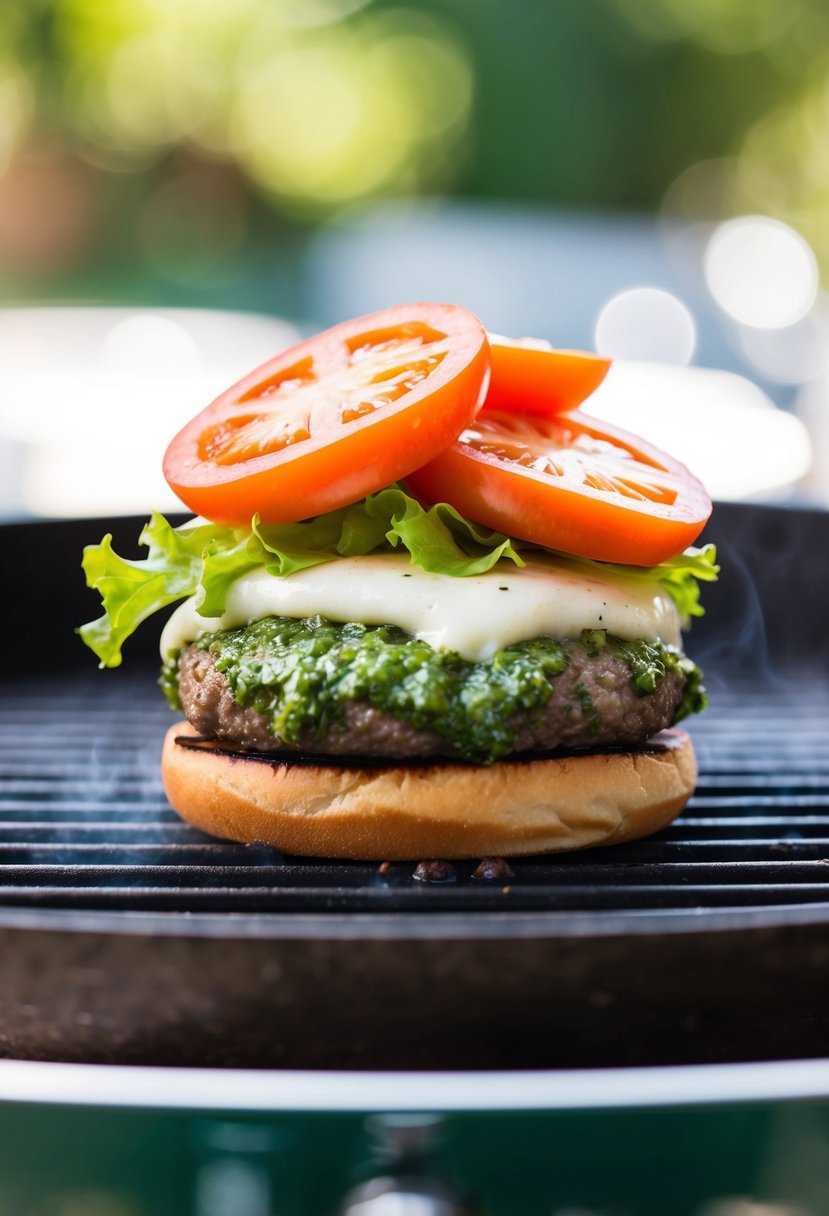 A juicy pesto mozzarella burger sizzling on a hot grill, topped with fresh lettuce and ripe tomato slices