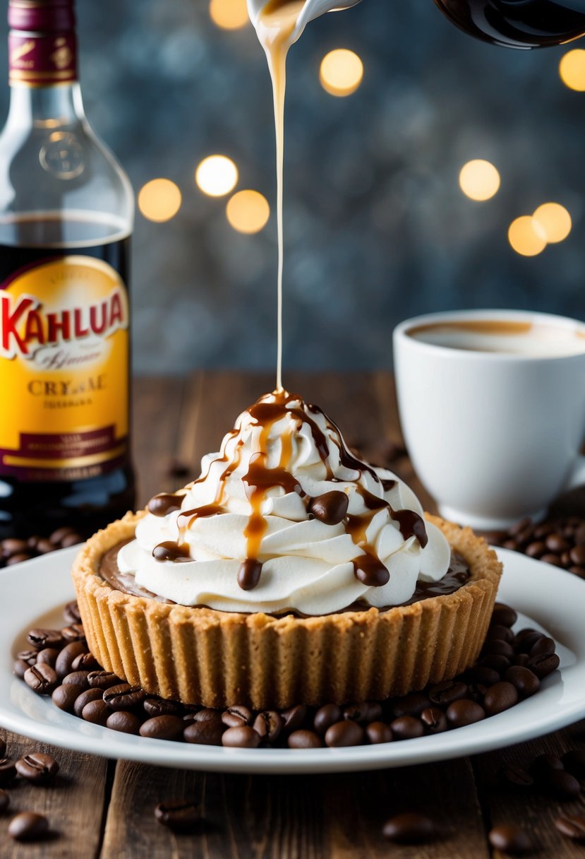 A decadent Kahlua cream pie surrounded by coffee beans and a drizzle of Kahlua liqueur