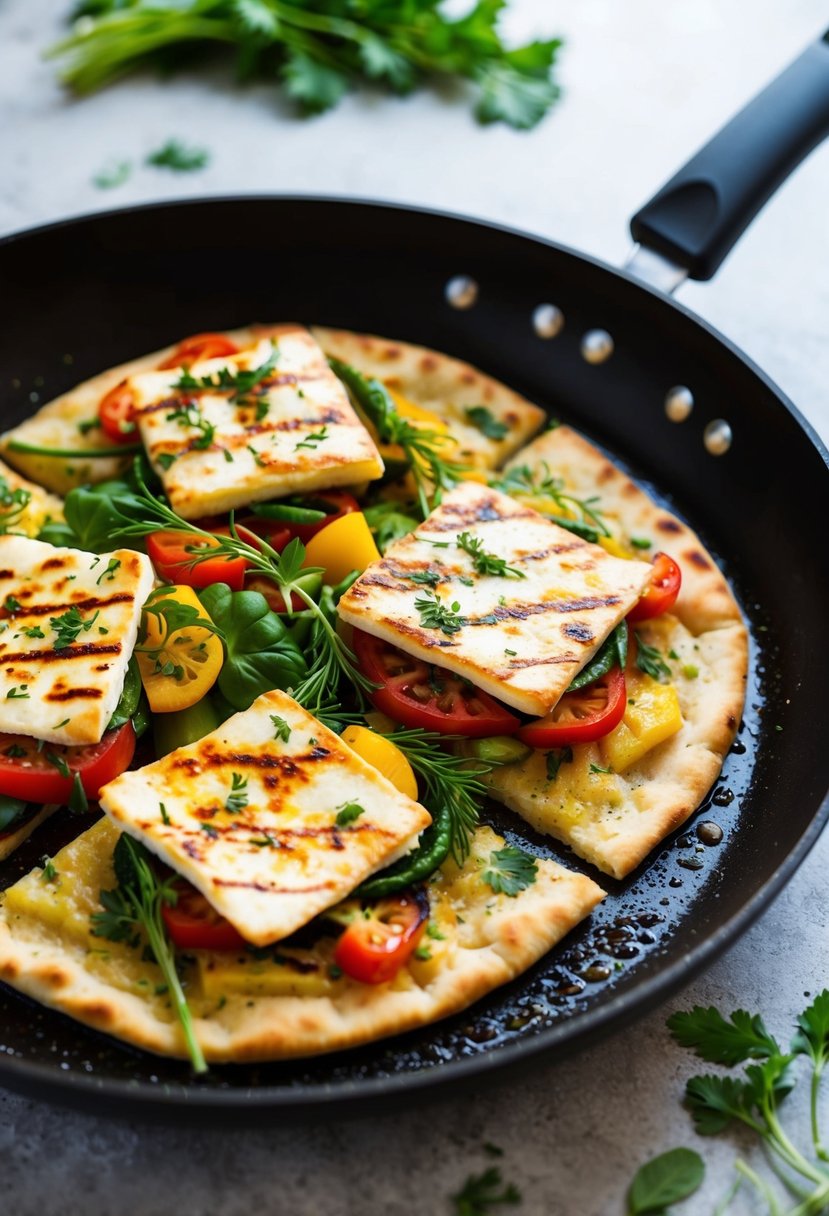 A sizzling pan with golden brown flatbreads topped with grilled halloumi, fresh herbs, and vibrant vegetables