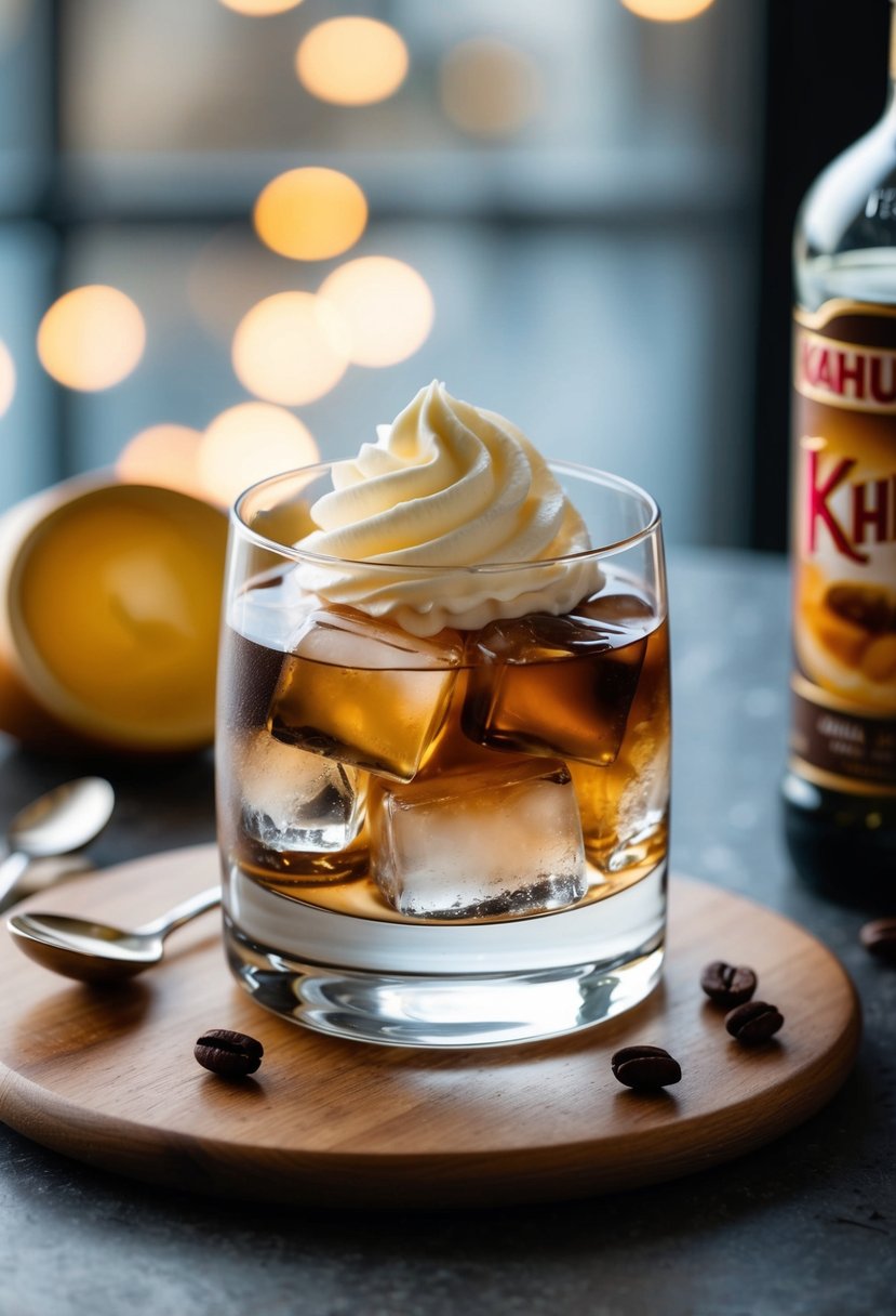 A glass filled with ice, vodka, and Kahlua, with a swirl of cream on top