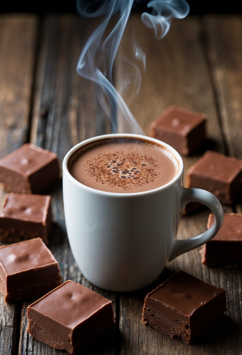 A steaming mug of Kahlua-infused hot chocolate sits on a rustic wooden table, surrounded by squares of rich, decadent Kahlua chocolate fudge