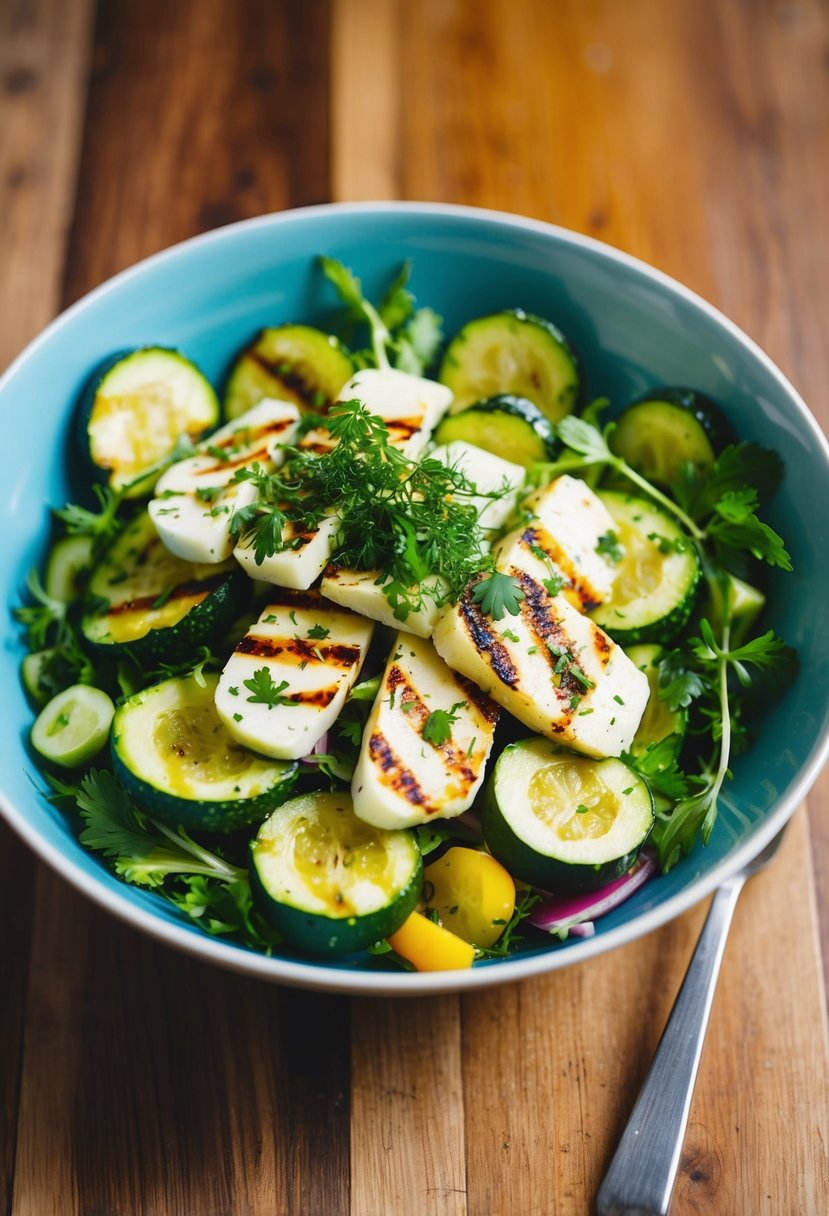 A colorful bowl of sliced courgette and grilled halloumi salad, topped with fresh herbs and drizzled with vinaigrette, sitting on a wooden table