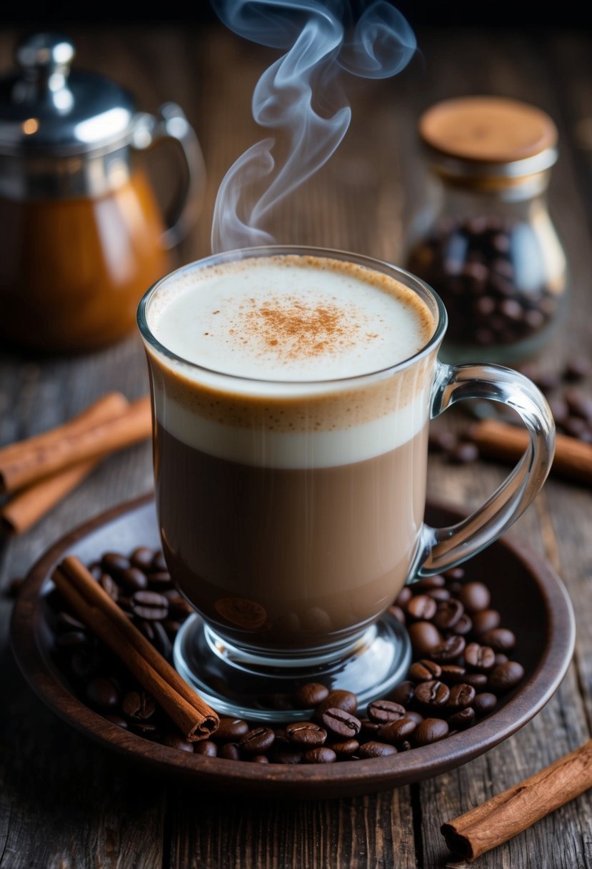 A steaming mug of Vanilla Spice Kahlua Latte sits on a rustic wooden table, surrounded by coffee beans and a cinnamon stick