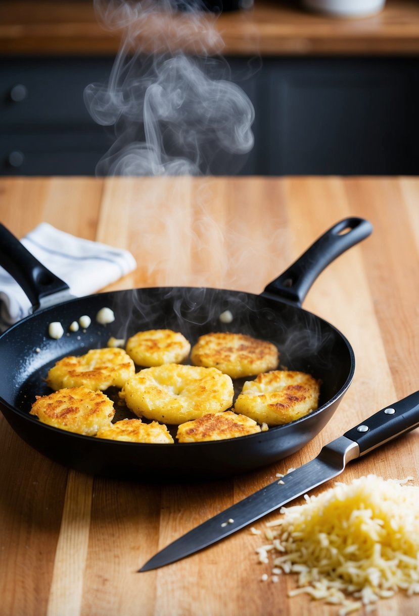 A sizzling skillet holds golden hashbrowns, steam rising. A chef's knife and grated potatoes sit nearby