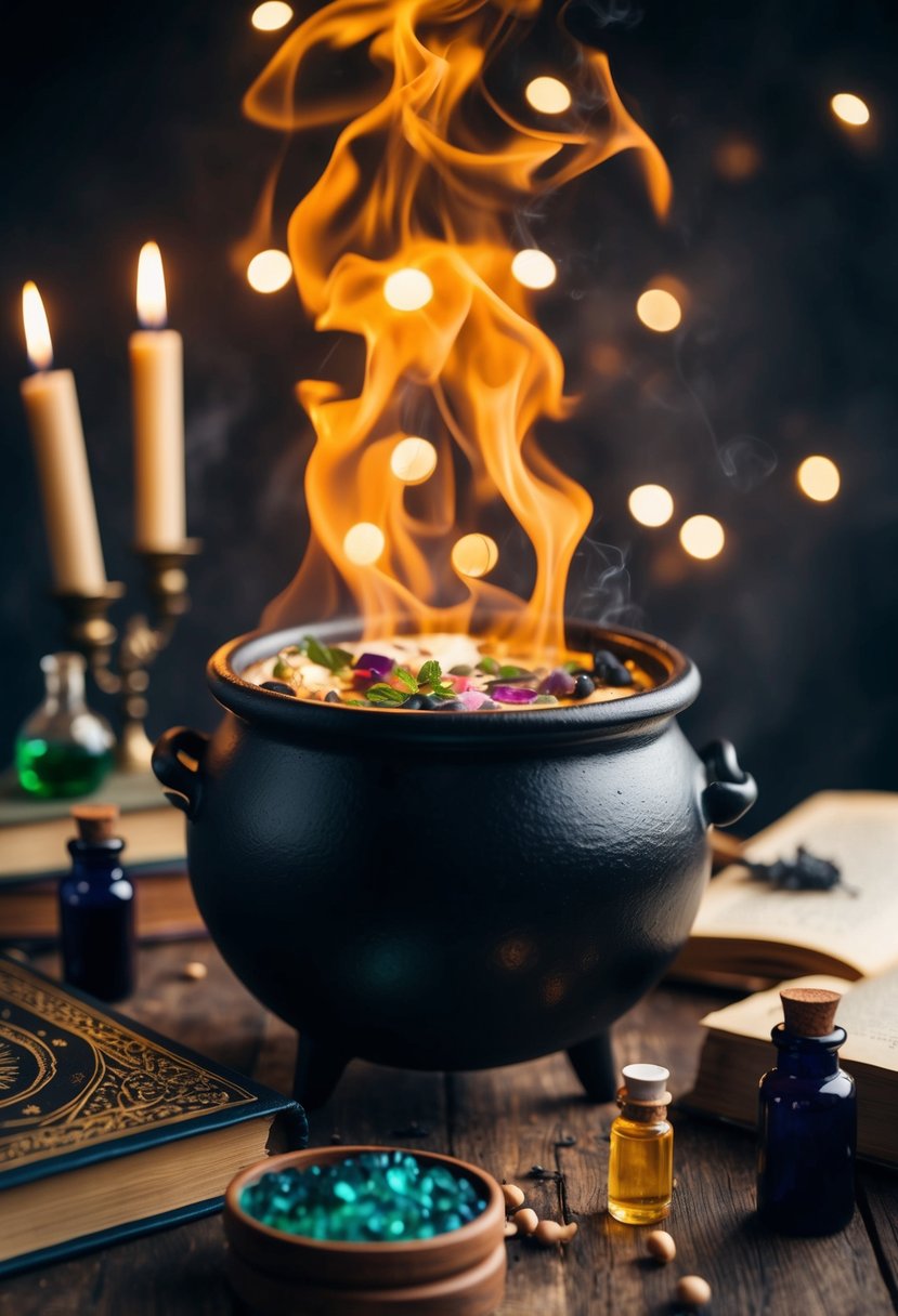 A cauldron bubbling with magical ingredients, surrounded by spell books and potion vials