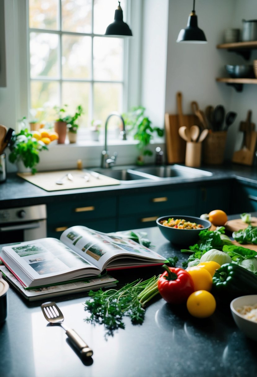 A cluttered kitchen counter with open cookbooks, fresh ingredients, and cooking utensils scattered around