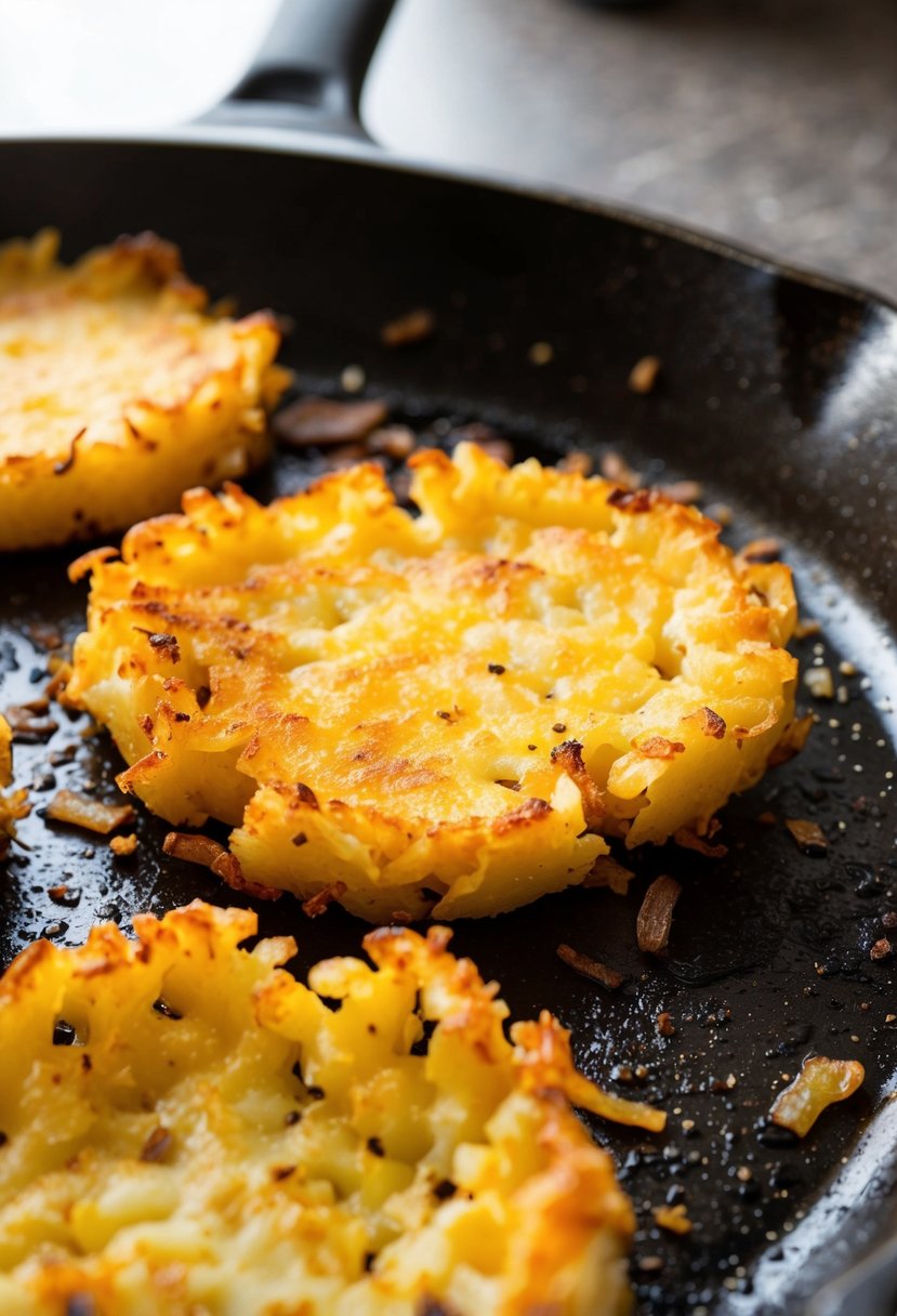 Golden hash browns sizzling in a hot skillet, crispy and perfectly browned on both sides