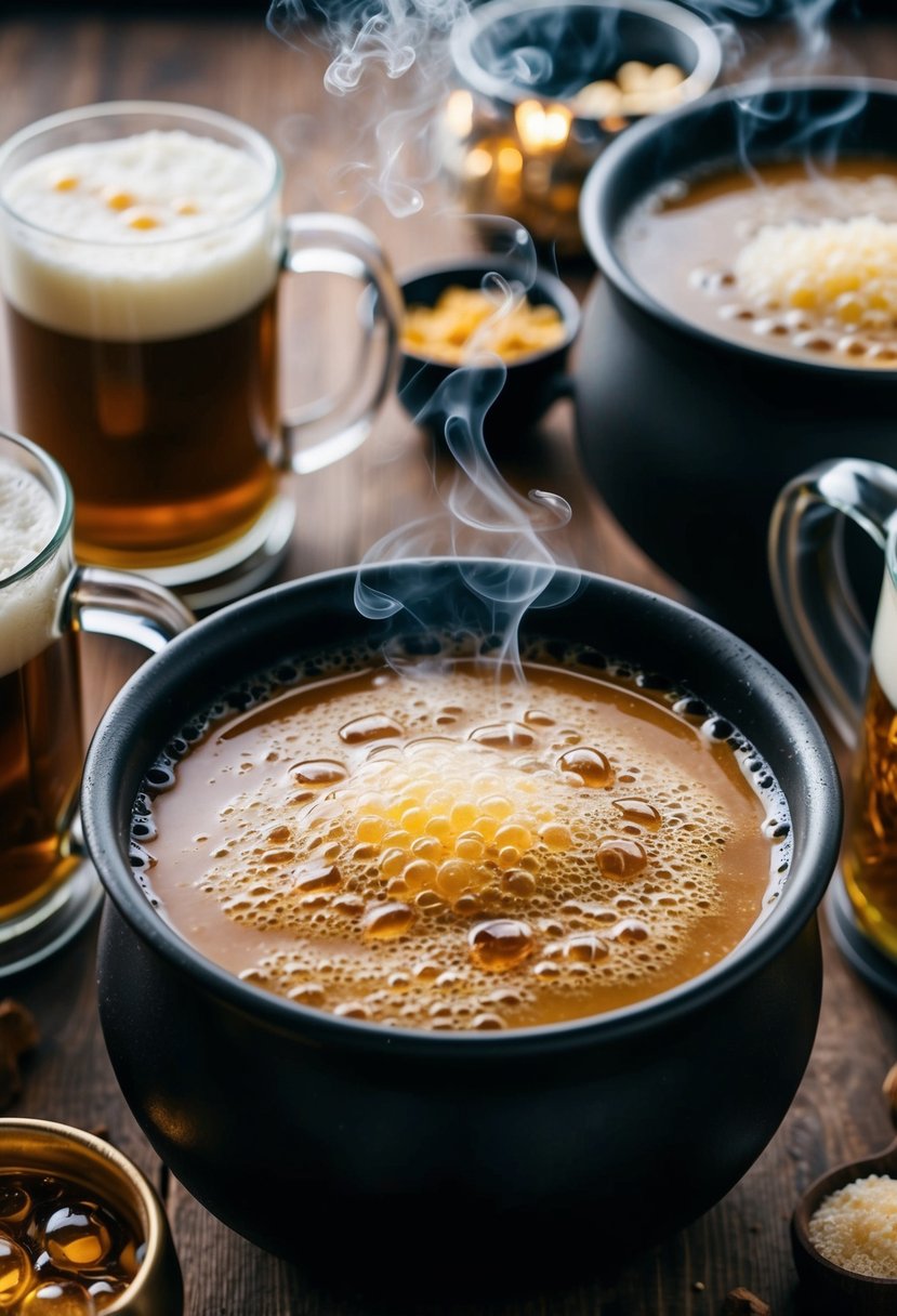 A cauldron bubbles with steaming butterbeer, surrounded by frothy mugs and bubbling ingredients